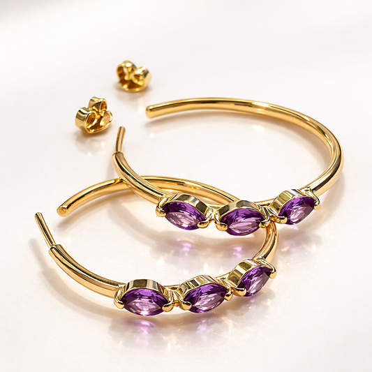 Argola de Ouro Navettes com Ametistas