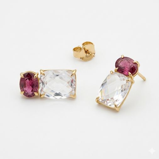 Brincos de Ouro Duo Cristal de Rocha e Turmalina Rosa