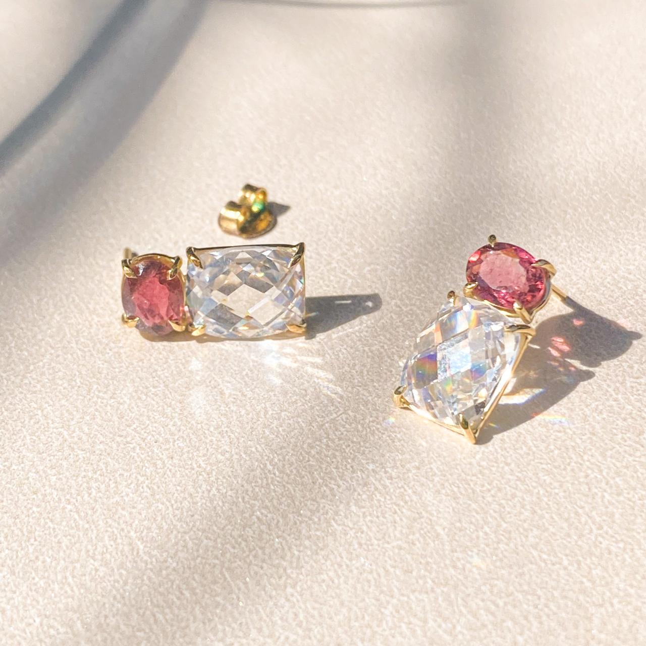 Brincos de Ouro Duo Cristal de Rocha e Turmalina Rosa